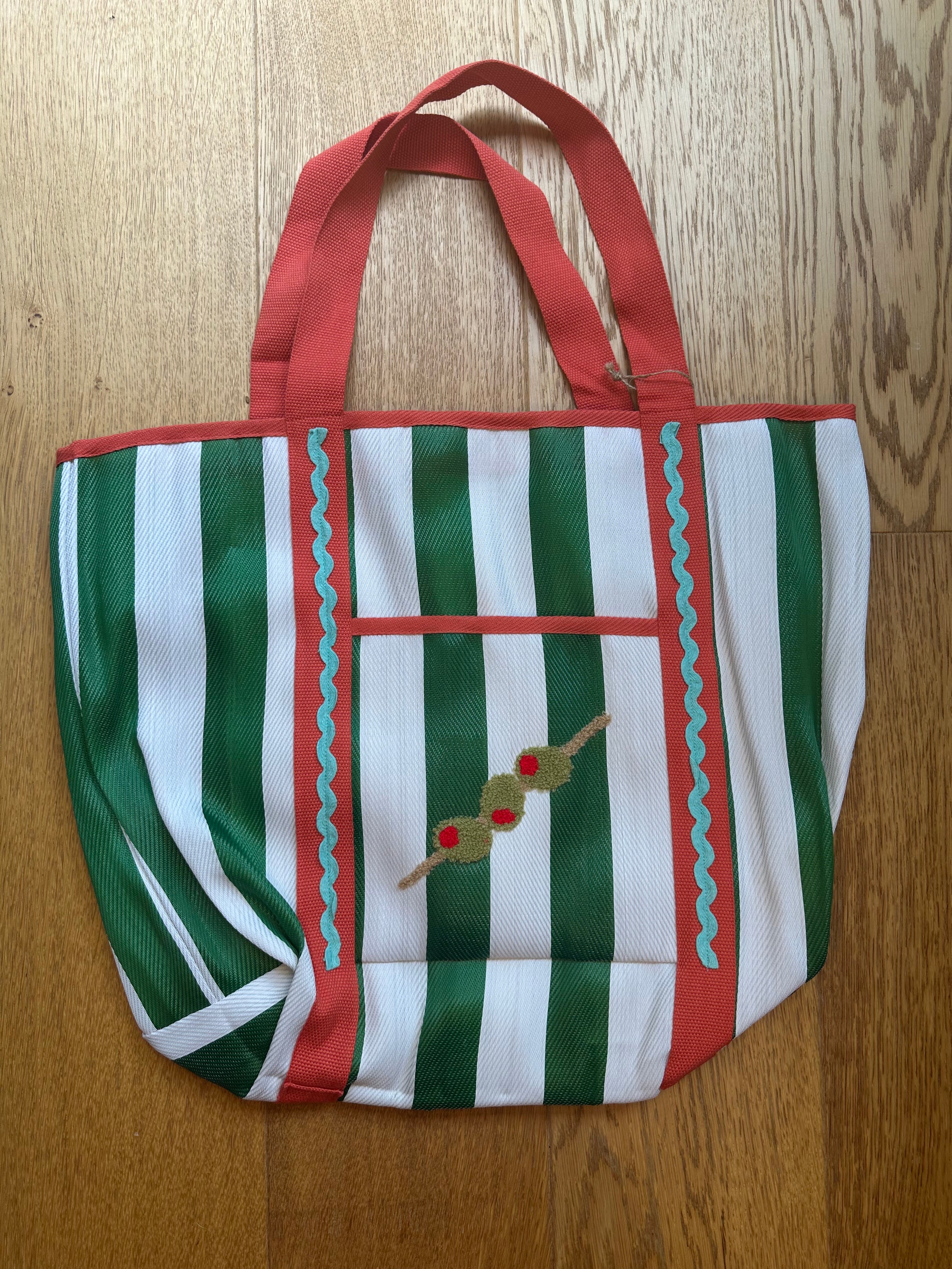 Green Stripe Olive Tote Bag