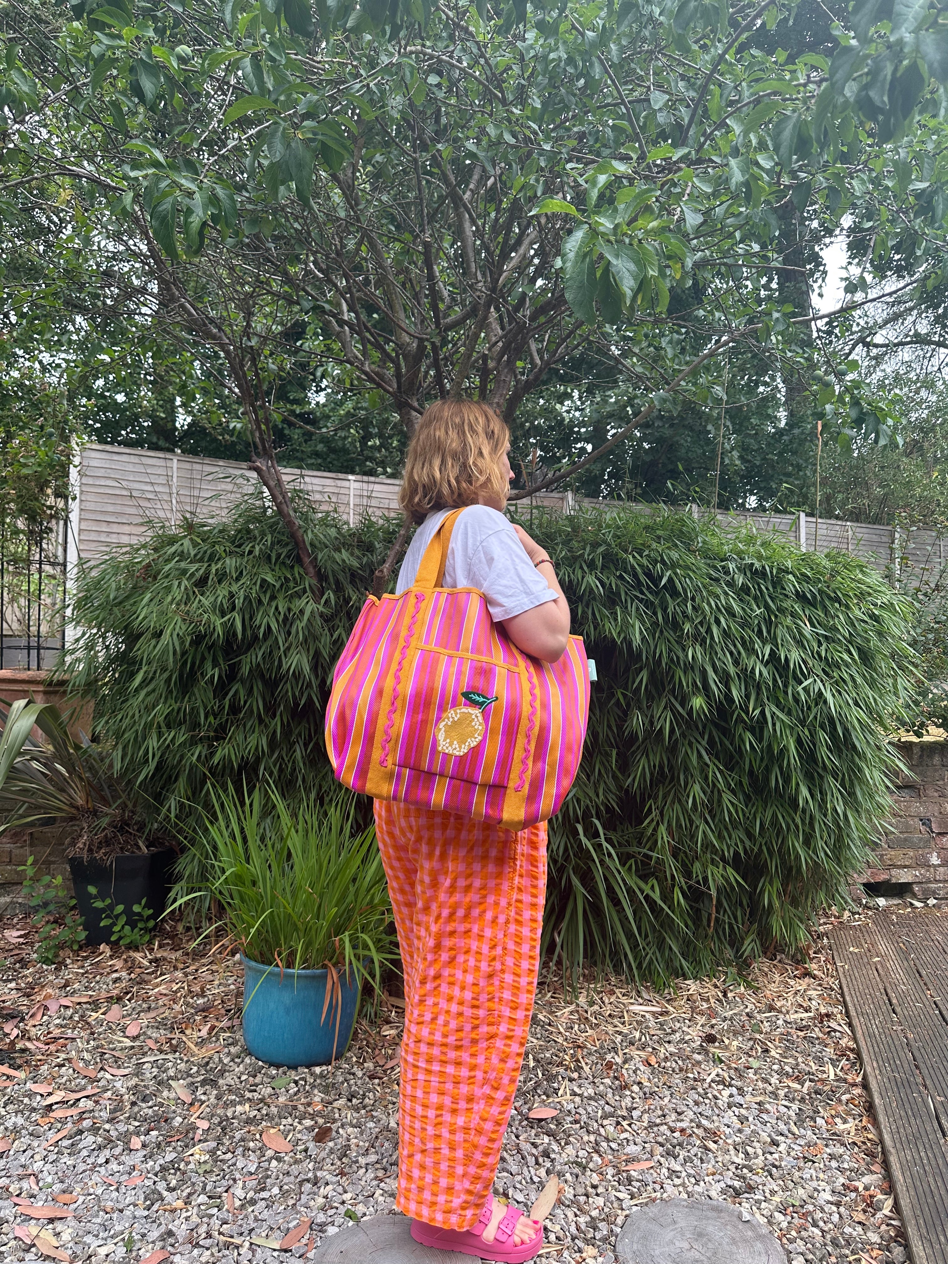 Pink Stripe Lemon Tote Bag