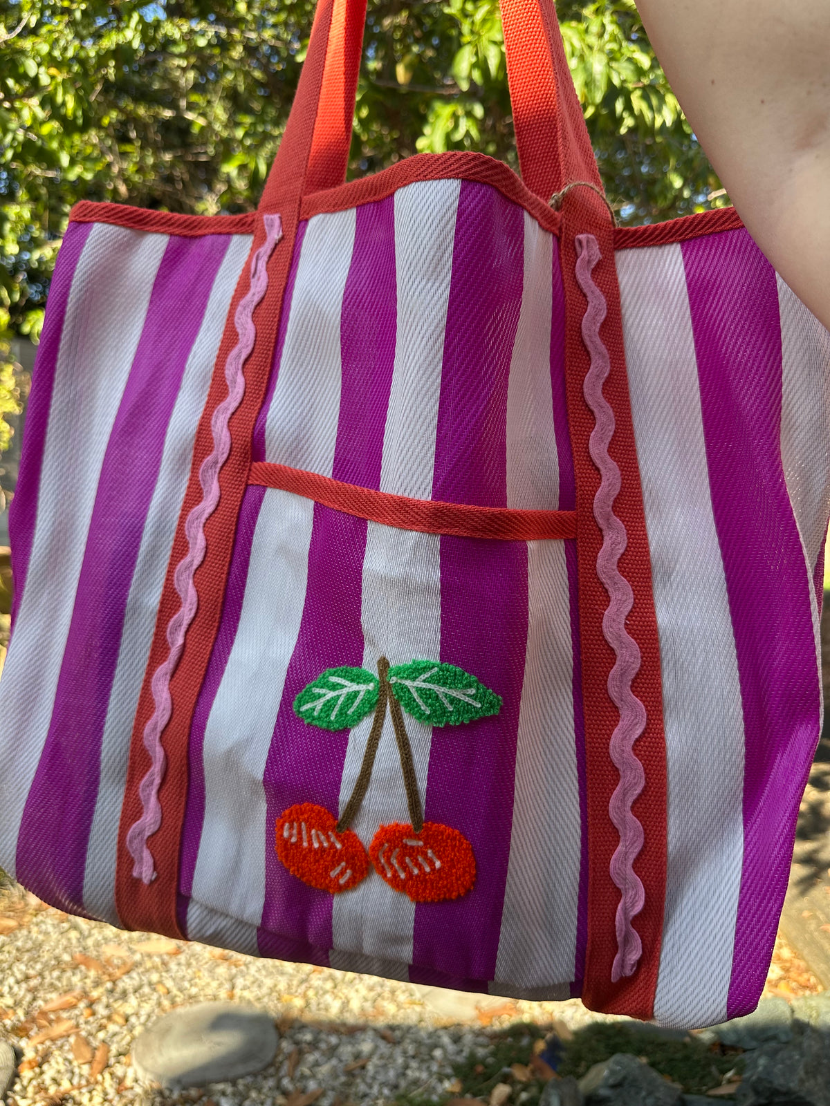 Magenta Stripe Cherry Tote Bag