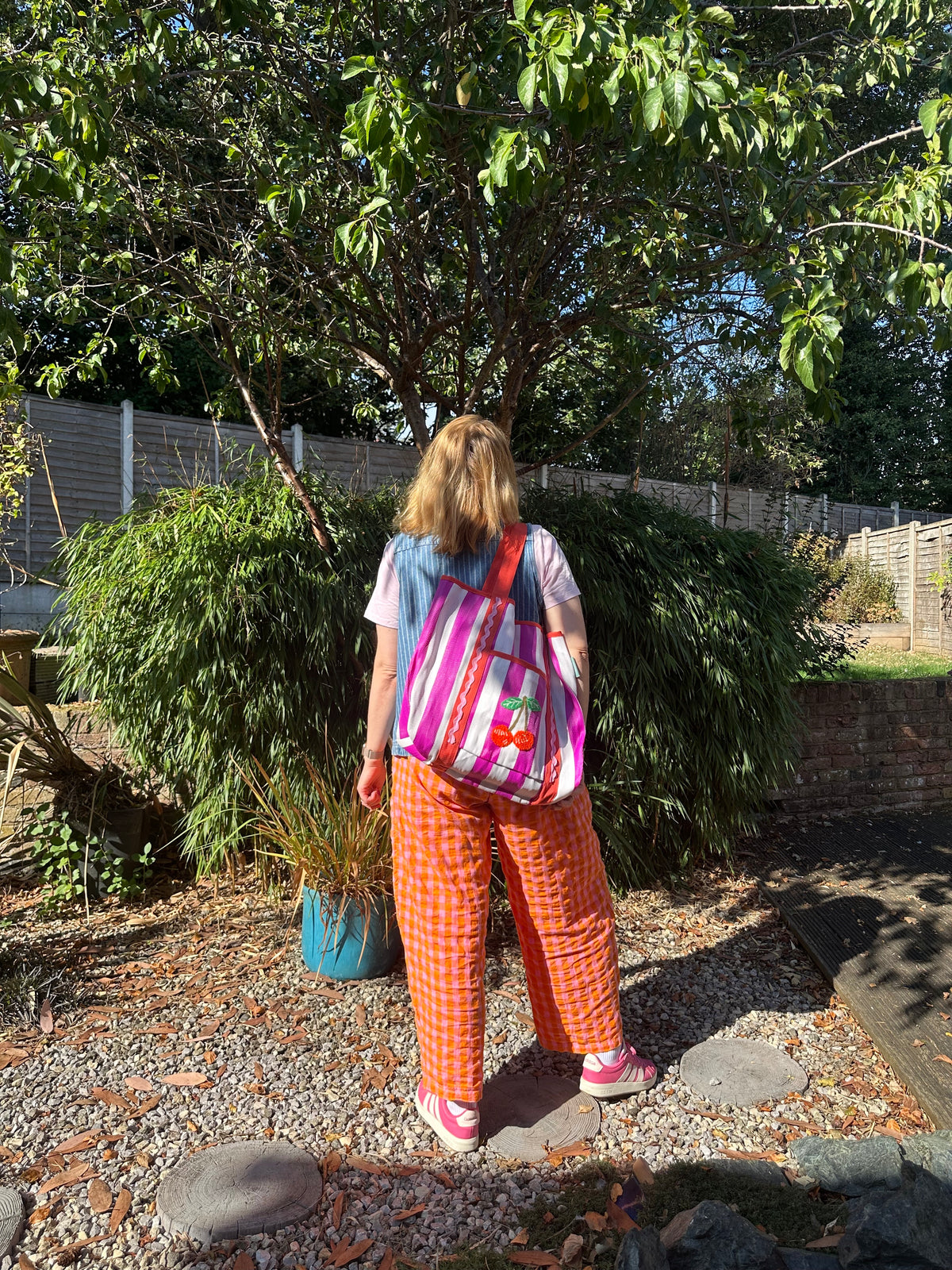 Magenta Stripe Cherry Tote Bag