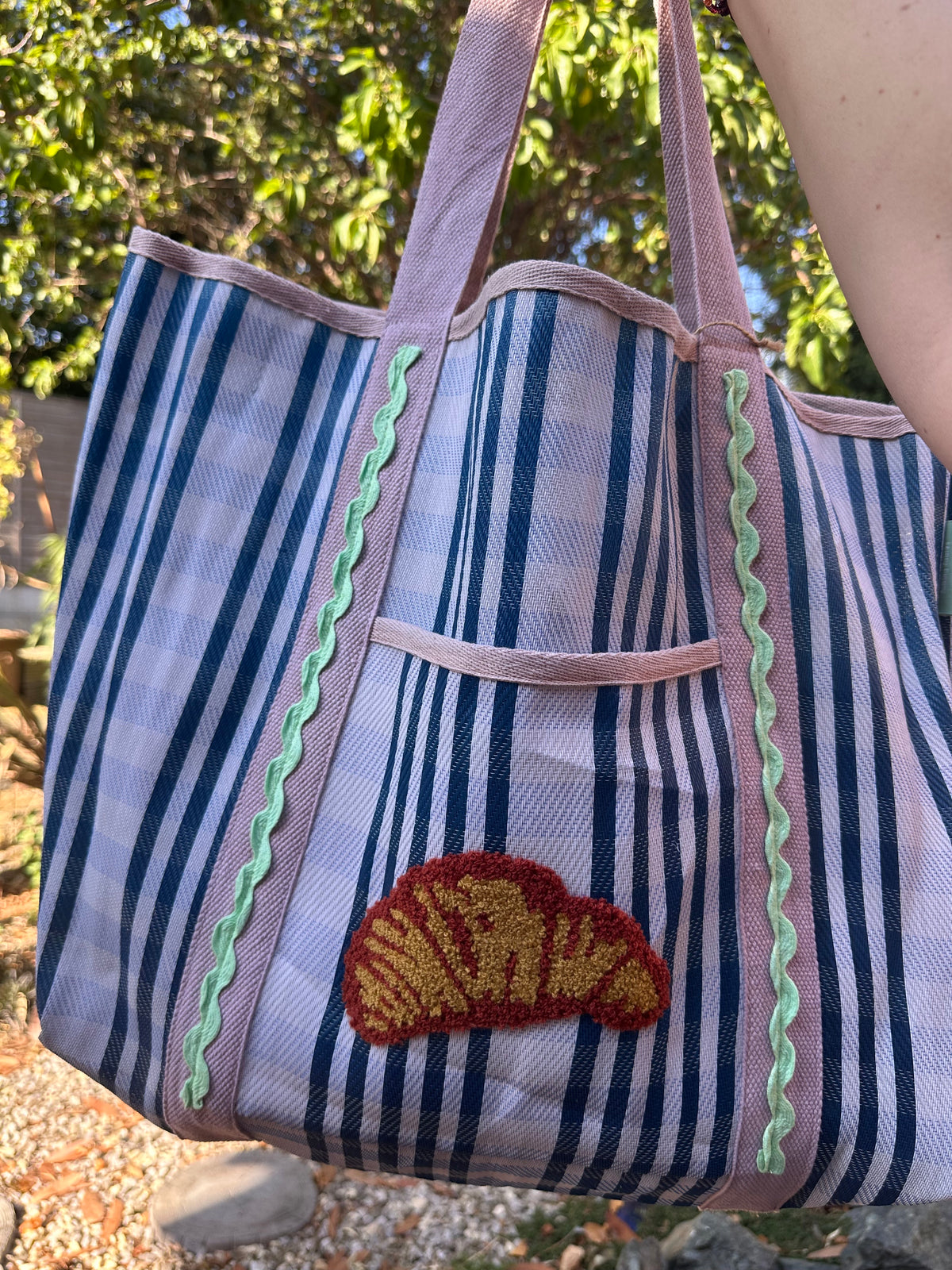 Blue Gingham Croissant Tote Bag