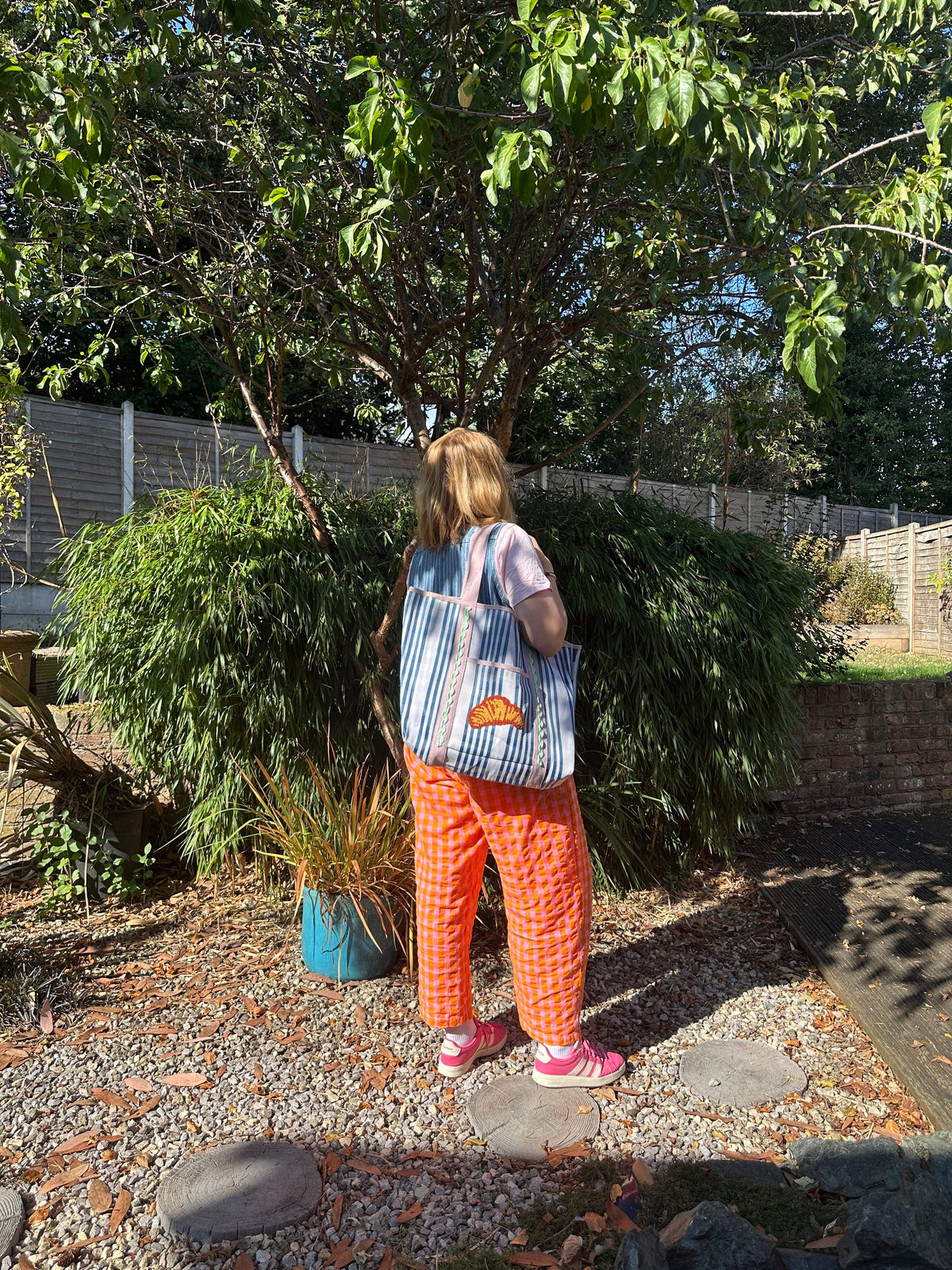 Blue Gingham Croissant Tote Bag