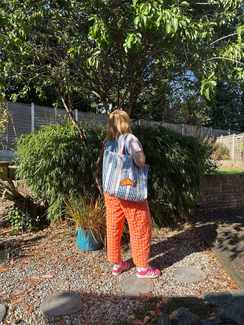 Blue Gingham Croissant Tote Bag